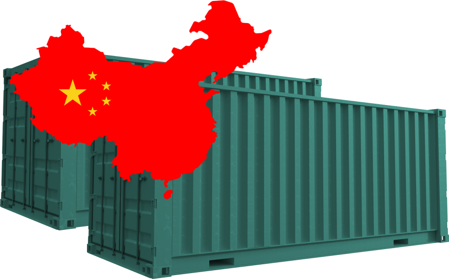 Два зелёных контейнера для перевозки грузов и карта Китая между ними
